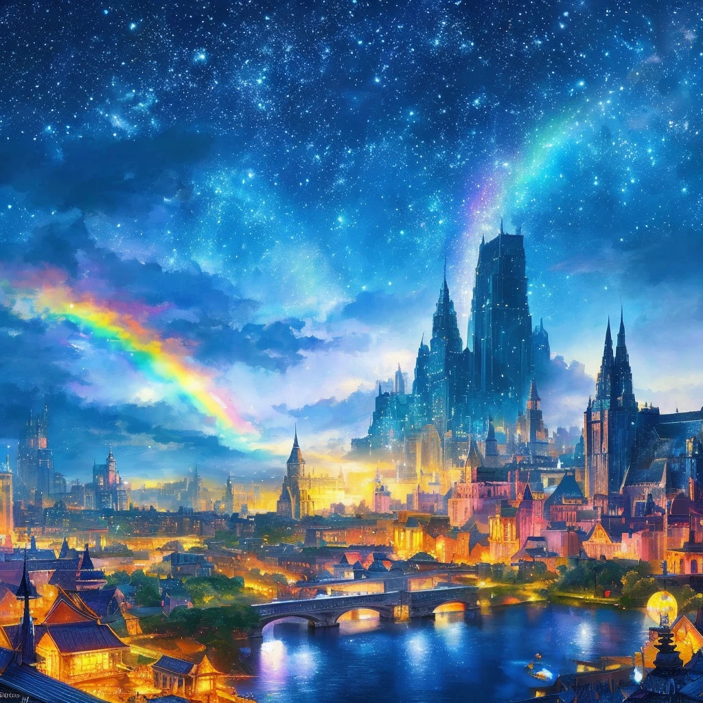 Colorful Metropolitan Museum of Art、Painting of a river with stars and moon in a rainbow sky、Met、輝くskyscraper、Shine overall、skyscraper、Concept art inspired by Tosa Mitsuoki、Pixiv Contest Winners、Highest quality、Fantasy art、Beautiful anime scene、Bright Moon、Moonlight Star Environment、Dream Painting、Anime Background Art、Fantasy Landscape Painting、Fantasy Knight、Anime Background、Background artwork、Great art、Atmospheric anime、Starry Sky、details enhanced。
