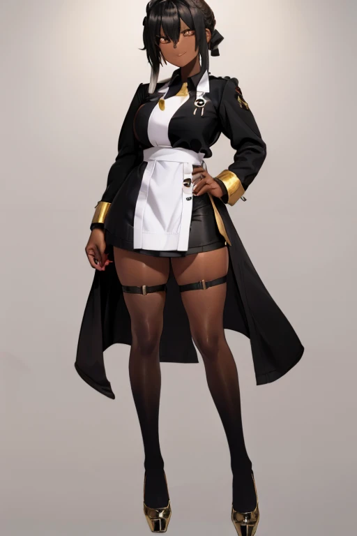 female, black messy long hair, red eyes, dark skin, (((1girl))), (((black and gold lab coat with rolled up sleeves))), (white blouse), (black and gold knee length skirt), (black heels), cute and sexy, full body, large breasts, long legs, smiling