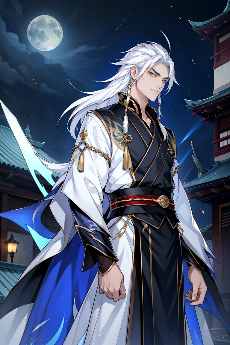 dragon man, Hanfu, long sword, cabelos preto e longos, golden eyes，white hair , the night，starrysky，rays of moonlight，Asian architecture，Best quality at best，16k,tmasterpiece，