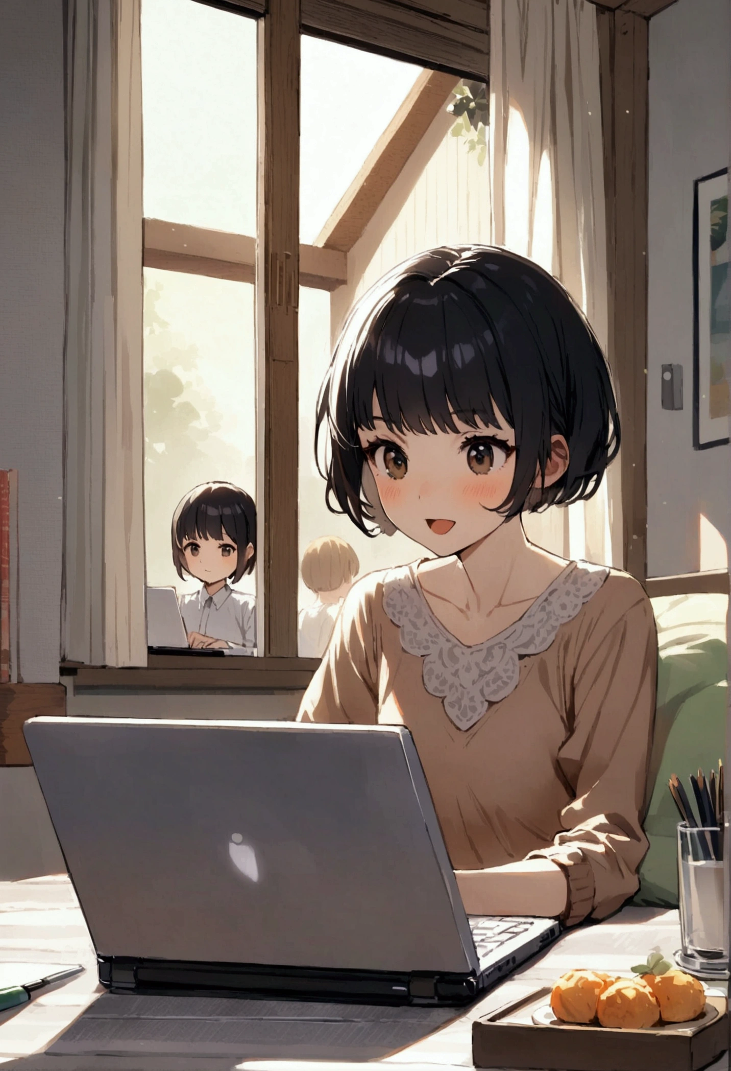 slender,a young girl,pixie cut,black hair,enjoy,working on laptop,house setting,notebook