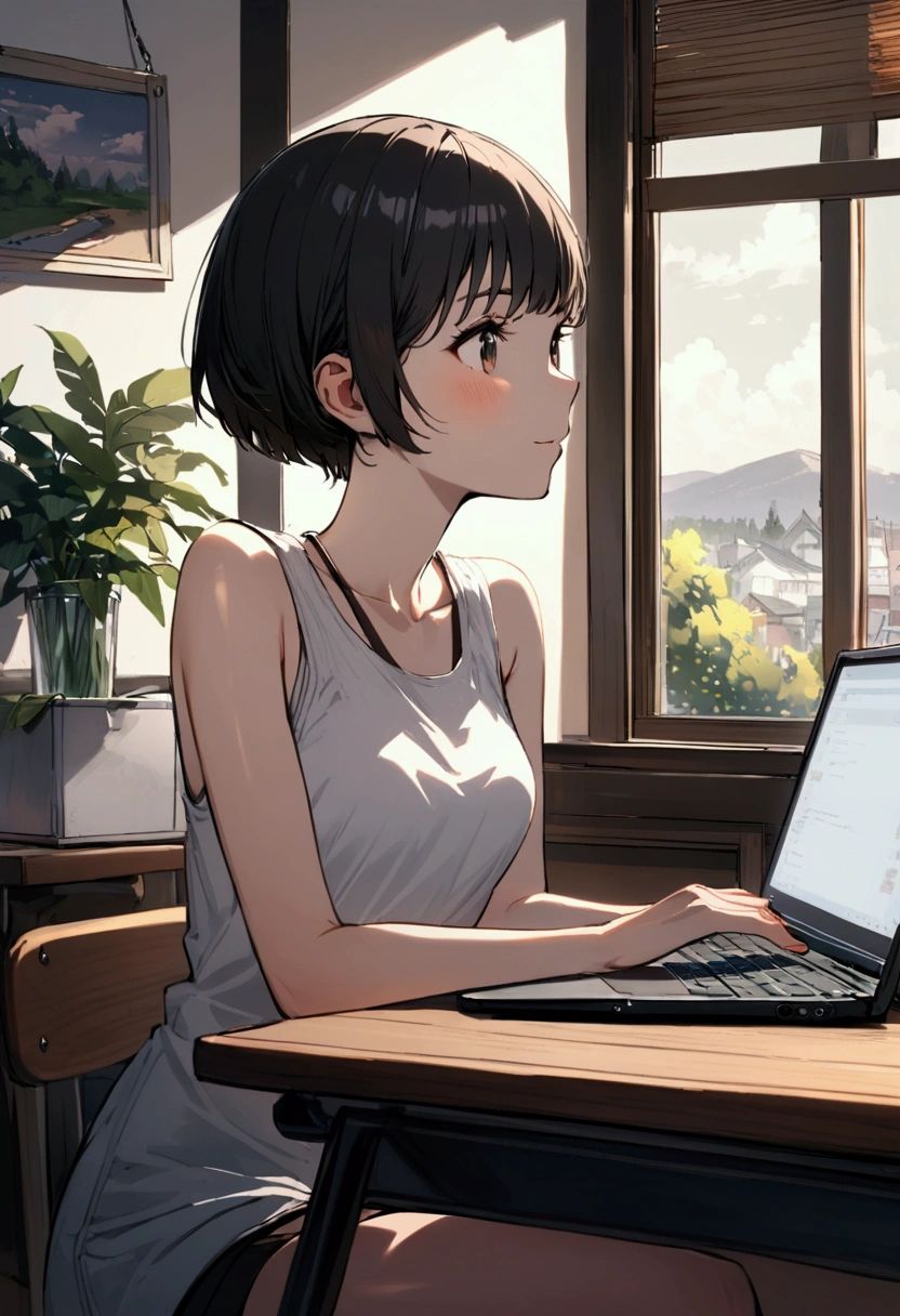 slender,a young girl,pixie cut,black hair,enjoy,working on laptop,house setting,notebook