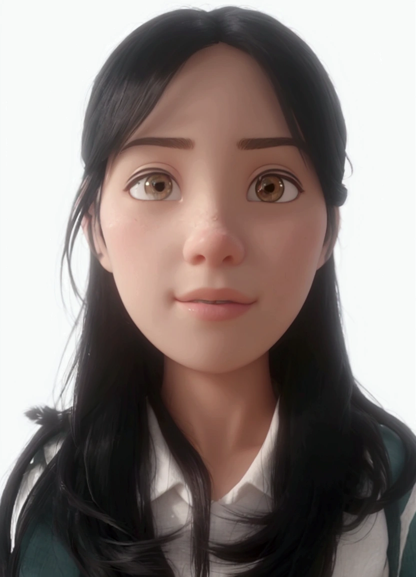 best quality, 1 Girl, Facing the camera, black eyes, Half-length photo,Official A super cute girl, Straight hair, black hair, long hair, parted bangs,pastel color, mock, fine luster, clean background, 3d render::, Soft focus, oc, blender, ip, blind box toy style, pixar, close-up, high quality, high details, 16k --ar 3:4 --q 5,Oval face