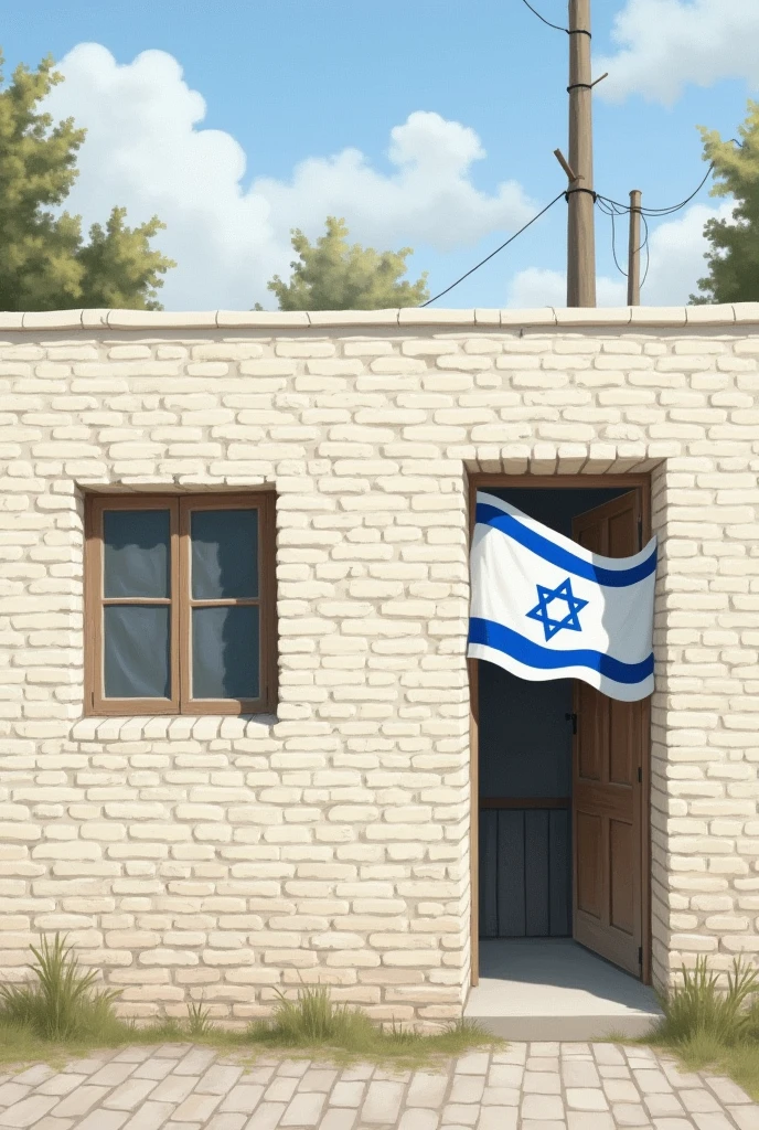 Painting of a white jerusalem brick whole ordinary building with Israel flag from a window