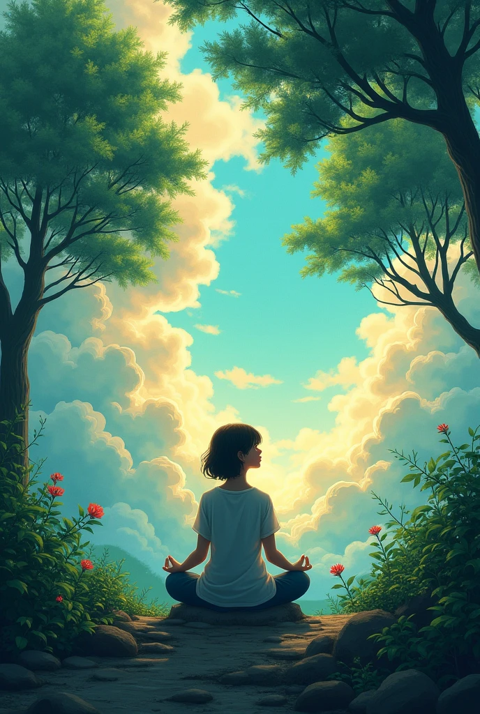 masterpiece, best quality,Dynamic airflow,Clouds,Sky,Sunlight,A person praying with eyes closed,Green plants,Ink painting brushstrokes, Studio Ghibli, lens flare, forest, Kodak, Film Grains, tonal movies, High Detail, Film Grain, Fuji Color, Ultra HD, Retina, masterpiece, Super Detail,