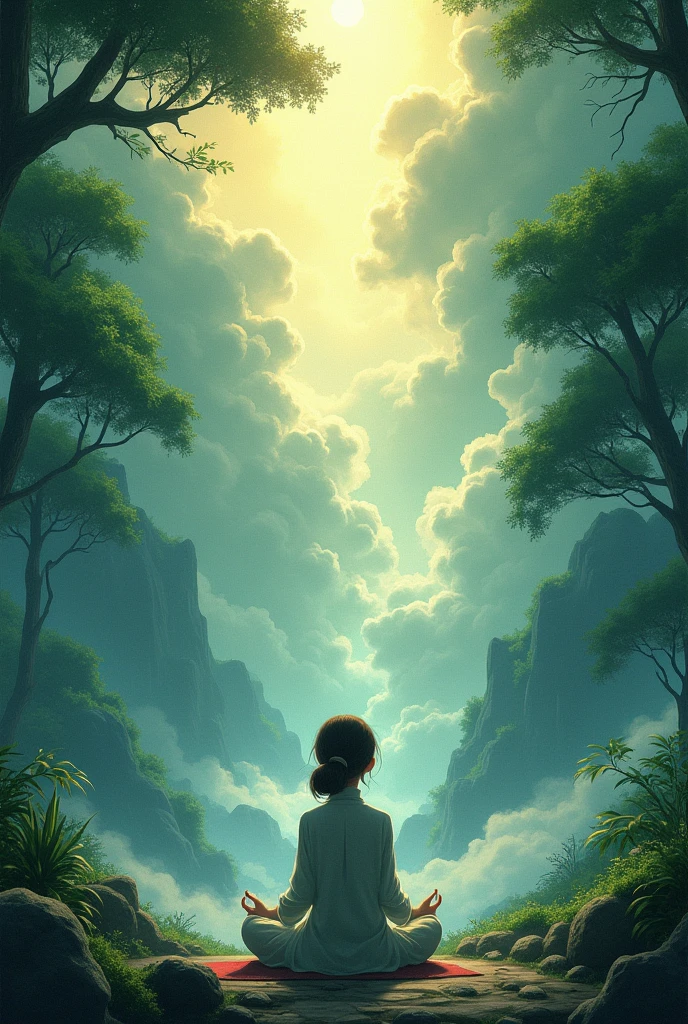 masterpiece, best quality,Dynamic airflow,Clouds,Sky,Sunlight,A person praying with eyes closed,Green plants,Ink painting brushstrokes, Studio Ghibli, lens flare, forest, Kodak, Film Grains, tonal movies, High Detail, Film Grain, Fuji Color, Ultra HD, Retina, masterpiece, Super Detail,
