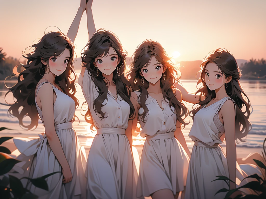 three friends holding arms up at sunset  for the camera in nature, multiple girls, long hair, 3girls