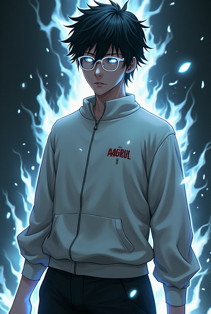 Create me an oc character from jujusu kaisen that has black hair, would have the same sweatshirt as Gojo Satoru and have white glasses and have bright eyes and that displays cursed energy from his body surrounding him