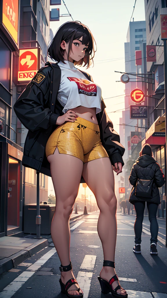 A young woman is standing on a near a traffic signal in the city. She is wearing printed underwear. She has big hips. It is evening.
