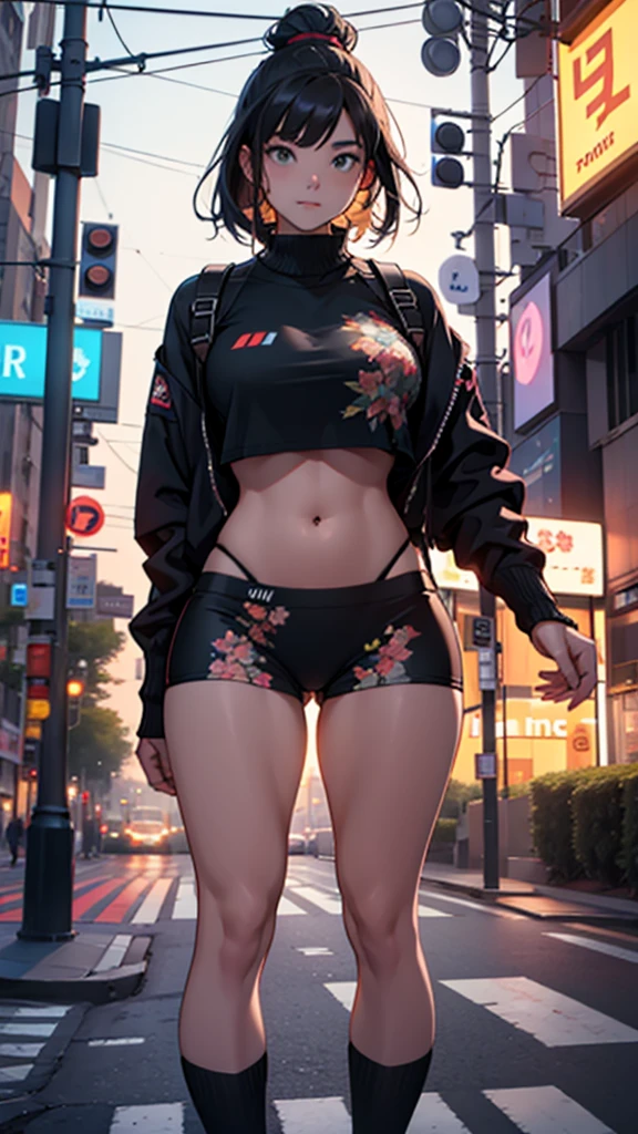 A young woman is standing on a near a traffic signal in the city. She is wearing printed underwear. She has big hips. It is evening.