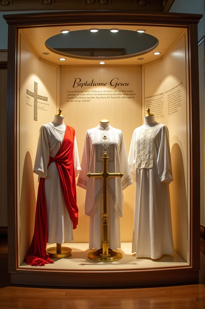 I am doing my thesis on baptism garments actually I made them so now I have to make a display for it or iam confused so help with ideas how to display my colour palette is white red or golden and also add religious elements regarding baptism or I have boards of illustration or research so add them