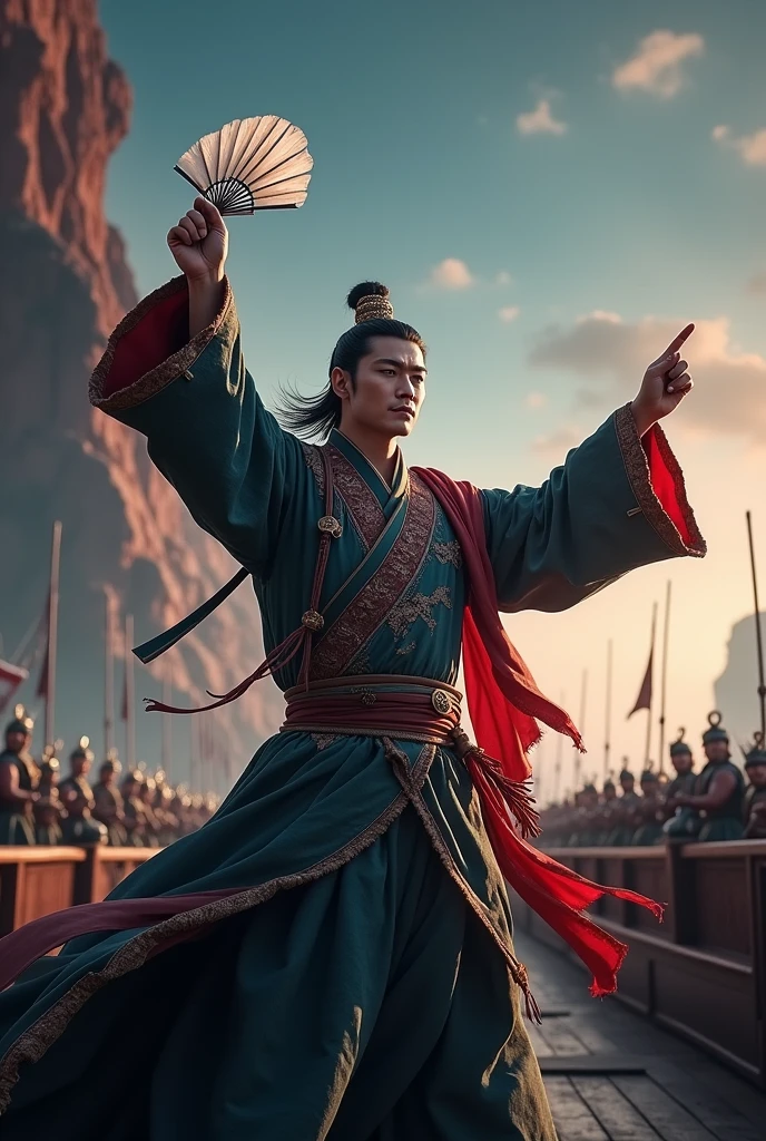 Historical Figures,Zhou Yu,handsome man,Clear sky night,Lupine towel,Red Cliff,Yangtze,On the warship,Holding a feather fan,Hands raised,Pointing forward,Look forward,Movie分镜,Movie,Photographic grade,Ultra-clear