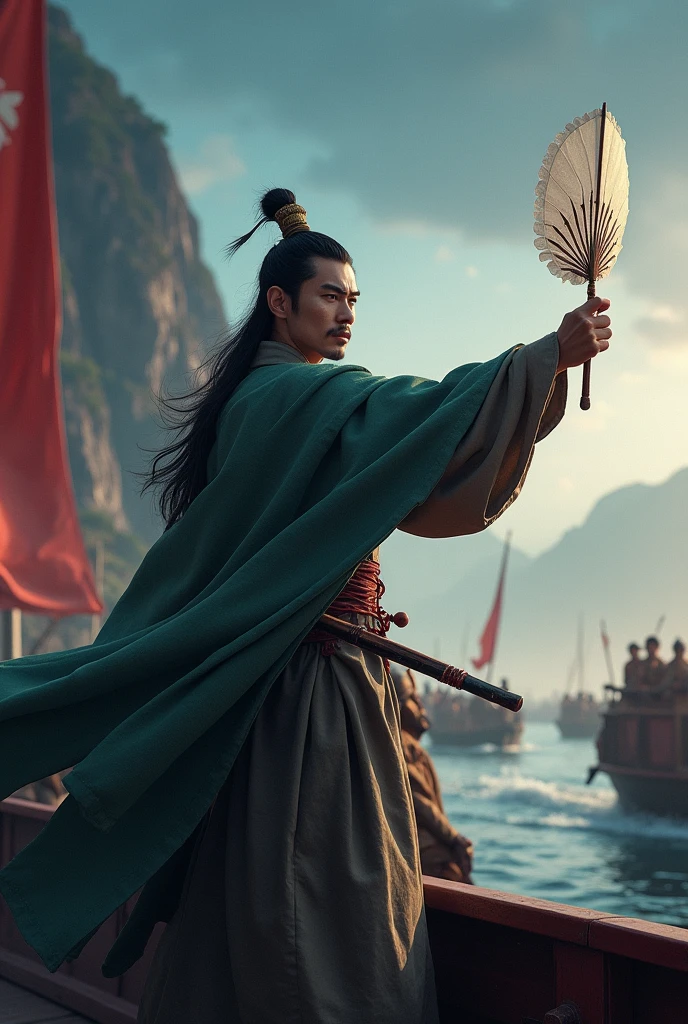 Historical Figures,Zhou Yu,handsome man,Clear sky night,Lupine towel,Red Cliff,Yangtze,On the warship,Holding a feather fan,Hands raised,Pointing forward,Look forward,Movie分镜,Movie,Photographic grade,Ultra-clear