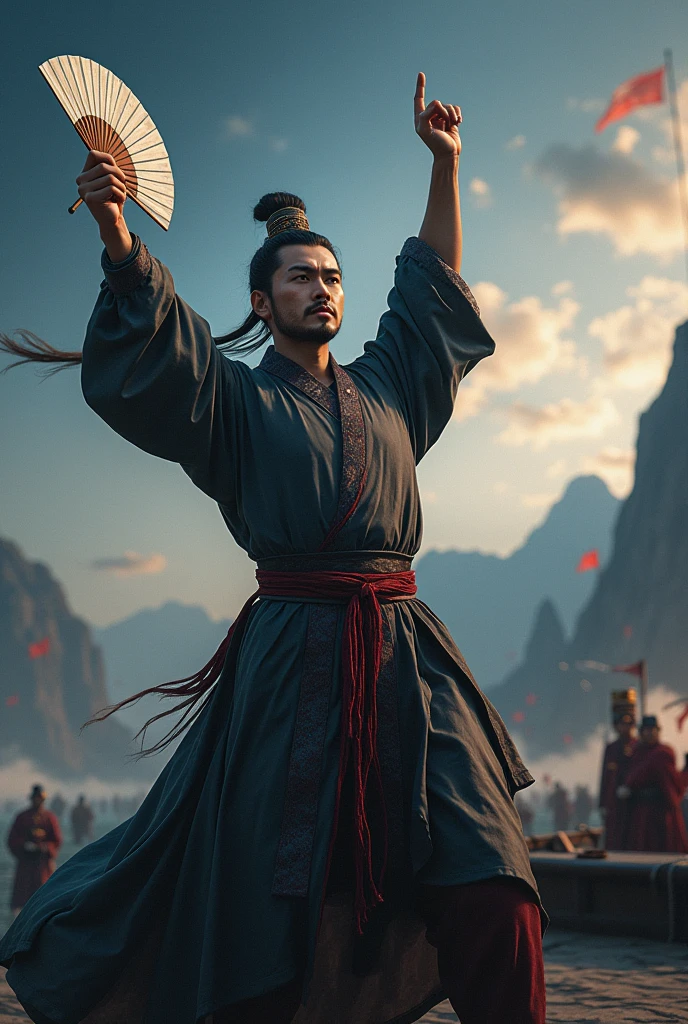 Historical Figures，Zhou Yu，handsome man，Clear sky night，Lupine towel，Red Cliff，Yangtze，On the warship，Holding a feather fan，Hands raised，Pointing forward，Look forward，Movie分镜，Movie，Photographic grade，Ultra-clear