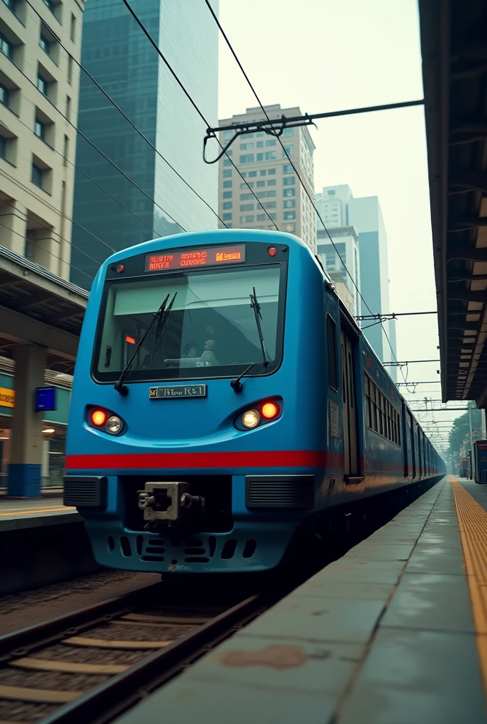 Imagine a cinematic of Kolkata Metro running , metro body colour should be blue with red label at bottom. "The image ratio should be in 16:9 ".  And make according to current kolkata metro rakes which are being used 