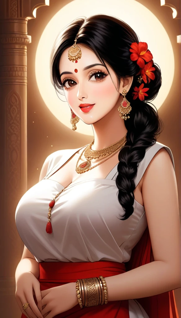(1 Renowned Indian actress sridevi kapoor at the age of 28 , detailed alluring eyes, beautiful detailed lips, mature, single hair braid,apron , big long moon jhumka earrings, beautiful face, smiling, red lipstick, bangles, saggy breasts, photorealistic, 8k, hyperdetailed, vibrant colors, studio lighting, masterpiece, cinematic composition, dramatic lighting, intricate details, highly realistic skin textures, volumetric lighting, beautiful intricate jewelry, warm color palette, natural lighting, elegant pose, beautiful detailed expression, hyper realistic rendering, seamless blending, flawless skin, glowing skin, delicate features, breathtaking realism, striking composition, tall, necklace, full body view),flower in her head, piercing, mehendi, jewellery ,hair brochure,waist jewellery,chain jewellery,anklets,full body accessories