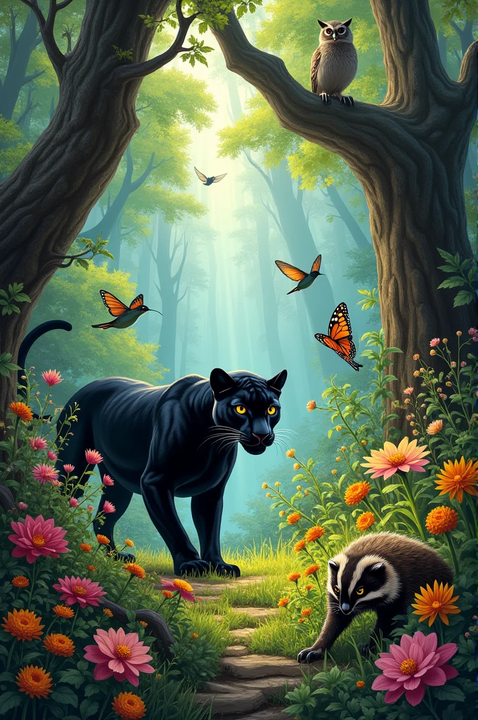 A forest with flowers and trees, A panther, a hummingbird, An owl, a honey badger and monarch butterflies 