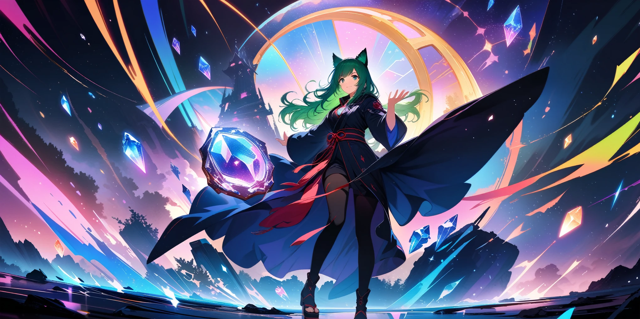 1 girl, A dark, futuristic, silhouetted figure of a girl with cat ears and a long, flowing coat, holding a massive scythe with a mechanical cat integrated into the blade, standing on a reflective surface with a minimalist, light gray background. --ar 4:3 --stylize 600 --niji 6, Rock sign hands, A vibrant anime-style illustration of a green-haired girl surrounded by cats, with her hands making the rock sign symbol and smiling at the camera. The background is filled with various cat characters in different poses, all rendered in a detailed manga art style. --ar 3:4 --niji 6 --style raw, A girl is dancing acrobatically in the starry sky, surrounded by constellations, on black background, white stars and lines forming constellations around her silhouette, light art installation style, high resolution, dreamy effect, fantastic scenery, minimalist design. --ar 3:4 --niji 6, A vibrant, detailed digital painting of an enchanted room filled with magical blue and purple crystal objects, tarot cards, amulets, runes on the walls, shelves, tables, couches, windows, magical artifacts like glowing crystals, ornate wooden furniture. The color scheme is vivid and striking, creating a dreamy atmosphere. colorful illustrations, highly detailed, high resolution, natural lighting, sharp focus, highly detailed illustration, high definition, in the style of octane rendering, hyper realistic. --ar 3:4 --niji 6, (((japanese style))), ((32k)), ((best quality)), ((ultra high res)), ((HDR)), ((UHD)), ((extremely detailed CG)), ((unity 32k wallpaper)), ((illustration)),