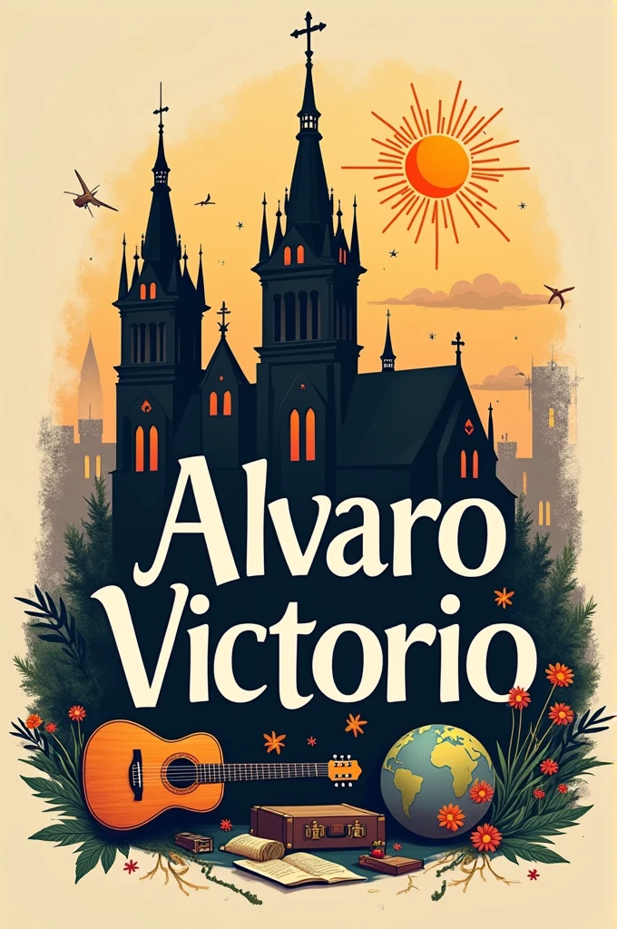 To create an image with the name "Alvaro Victorio" and represent your passions, you can consider the following composition:
1. **Featured Name**: put the name "Alvaro Victorio" in an elegant font and highlighted in the center of the image.
2. **churches**: Add a silhouette or small illustration of a church in the background or next to the name. It could be a cathedral or a church with distinct architectural details..
3. **guitar**: Include a picture of a guitar, perhaps lying in a corner or creatively integrated into the design, as if it were partially behind the name.
4. **trips**: Add icons or small drawings related to travel, like a globe, A map, or a suitcase. These elements can be around or behind the name..
5. **floor**: Insert an image of a radiant sun, perhaps in the top corner of the image or as a subtle background to illuminate the name and other elements.
A combinação desses elementos pode criar uma imagem visualmente atraente que reflete as paixões de Alvaro Victorio.