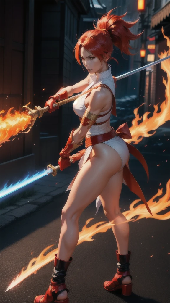 there is a woman holding a sword and fire in a street, ingame image, fire staff, ikki tousen, fire!! full body, wielding a flaming bow,flamethrower, holding flamethrower, wielding fire, flame thrower, she has fire powers, appears as the fire goddess, as a character in tekken, shin megami, remove the background of the girl