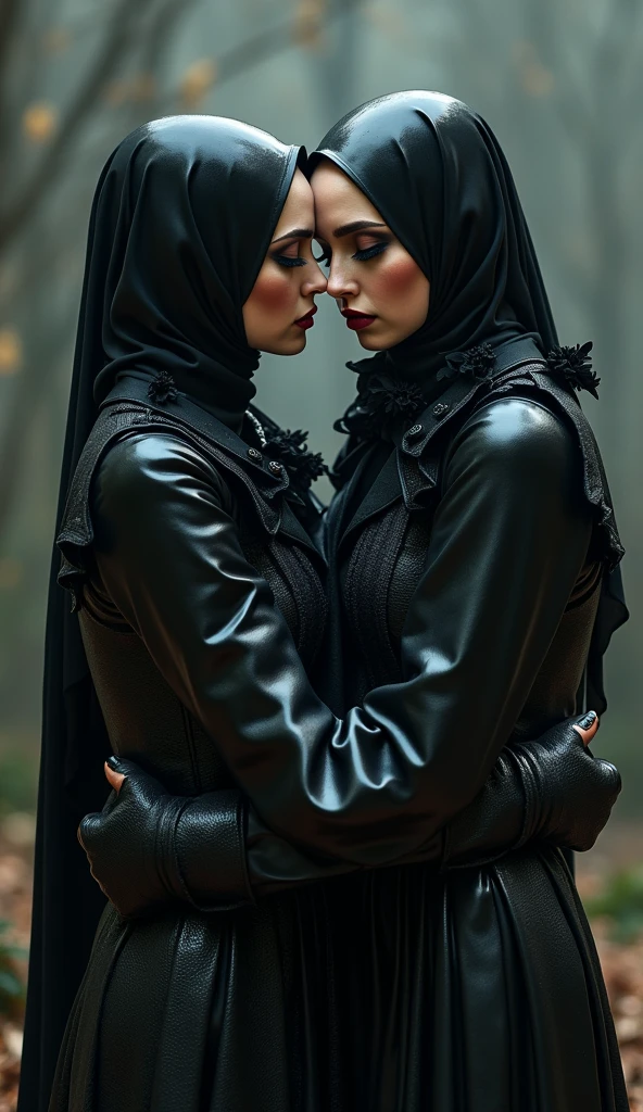 shallow depth-of-field, two exhausted intertwined gothic jilbab chaddor jade gothics kiss closer while wearing a shiny oil-lacquered romper, amused aroused lesbians together necking too sensually excited, wear enormous glossy vinyl eyeliner eyeshadows lipstick blush rouge makeup, puffed satin slick wrap blouse with button-front gothic shiny poly-vinyl liquid-lacquered jilbab chinese has enormous eyeshadows & lipstick, 'very strongly colored eyelids with broad wide big eye-shadow & enormous dark glossy eyeshadows' & 'thick eyebrows', wearing a smooth transparent 'glossy shiny poly-vinyl' purple satin blouse with ruffles & 'gold pleated glossy shiny leather' pvc skirt with button-placket, adorned with a pleated purple satin croptop with hips with button-placket & dark-brown shiny pvc gloves, golden long-sleeved floor-length pvc vest with a button-placket & glossy brown poly-vinyl shiny pvc long-tunic shimmer wetlook glitter leggings and oil-lacquered jilbab with poly-vinyl high-collar blouse with a long button-placket,two intertwined lesbians embrace, orgasmic touching, flirting, touch each other, enormous gothic eyeliner eyeshadows, enormous glossy shiny lips, enormous blushed rouged cheeks, puffed satin wrap blouse, makeup with a lot of blush and very much rouge, enormous eyeshadows & lipstick, 'very strongly colored eyelids with broad wide big eye-shadow & enormous dark glossy eyeshadows' & 'thick eyebrows', wearing a transparent 'glossy shiny poly-vinyl' purple satin blouse and jilbab with ruffles & 'gold pleated glossy shiny leather' pvc skirt with button-placket, adorned with a pleated purple satin trenchcoat tailored with button-placket & dark-brown shiny pvc gloves, wear a golden long-sleeved floor-length pvc vest with a button-placket & glossy brown poly-vinyl shiny pvc long-tunic shimmer wetlook glitter leggings