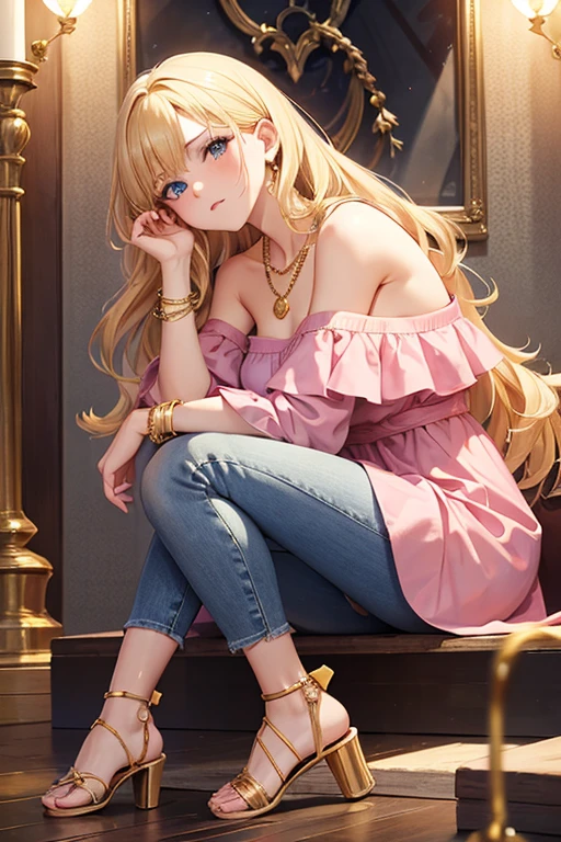 Highest quality, masterpiece, Adult women,8 heads,Blonde,No damage,Skinny Jeans,Pink off-shoulder,Heeled Sandals,In town,Naughty face, Golden Necklace、bracelet,Less exposure,Do not create a valley