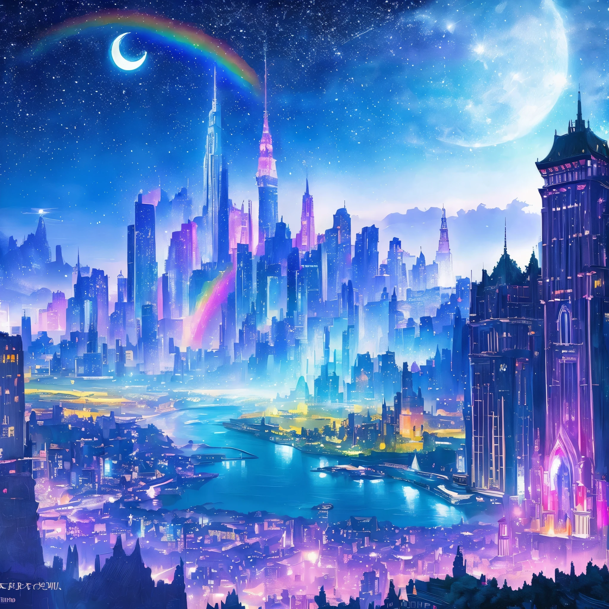 Colorful Metropolitan Museum of Art、Painting of a river with stars and moon in a rainbow sky、Met、輝くskyscraper、Shine overall、skyscraper、Concept art inspired by Tosa Mitsuoki、Pixiv Contest Winners、Highest quality、Fantasy art、Beautiful anime scene、Bright Moon、Moonlight Star Environment、Dream Painting、Anime Background Art、Fantasy Landscape Painting、Fantasy Knight、Anime Background、Background artwork、Great art、Atmospheric anime、Starry Sky、details enhanced。