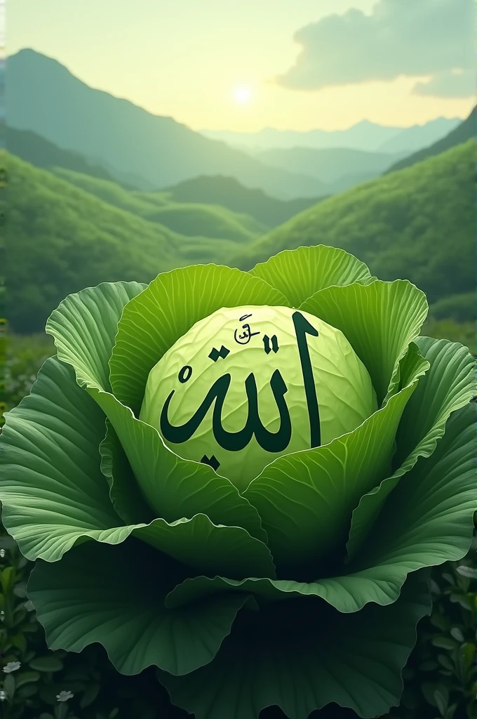 Make a nice image of Allah Hu being written on a green cabbage and that Allah Ho is behind the hill.