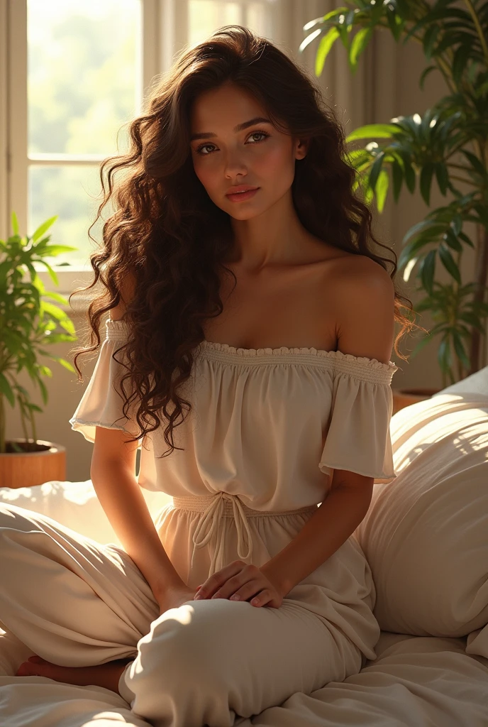 (photorealism:1.2), beautiful woman, sitting on bed, wearing loose off-shoulder top, pajama pants, long curly hair, indoors, soft lighting, plants in background, window with sunlight, cozy room, relaxed pose, realistic, intricate details, warm colors, by Greg Rutkowski, by Alphonse Mucha