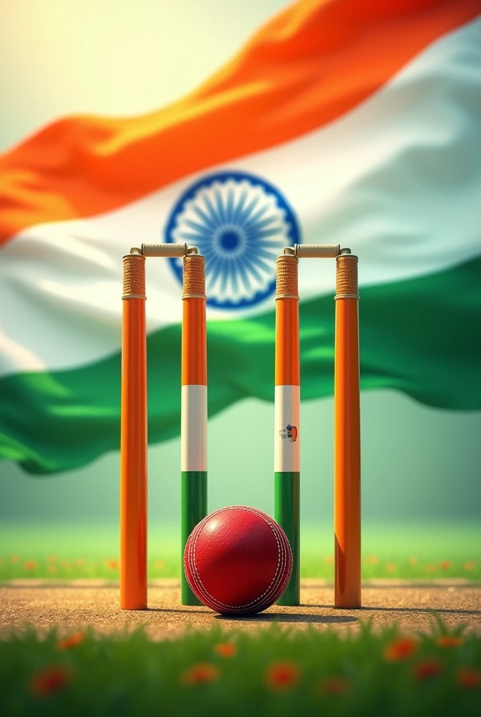 Indian Independence day poster with cricket theme and indian flag colors on each of the 3
wickets with indian flag at background
