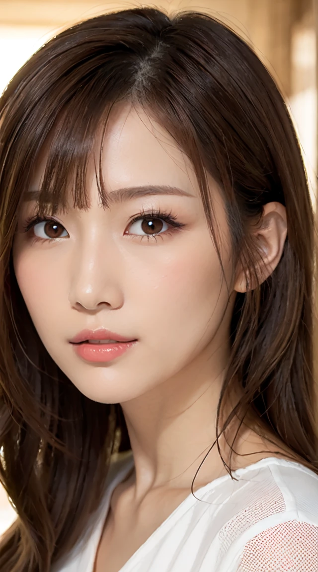 1 Female, Close-up of face, Medium chest, Light brown hair, Blunt bangs, Hair behind the ear, Hair that falls over the shoulders, Long Hair, Slim figure, Ultra debtine debtace, Thin face, Delicate lips, Beautiful Eyes, Light blush, eyes are light brown, Perfect glowing skin, Perfect Skin, Shining Sweat,Have a look at this, Ultra-thin needle, Very thin fingers, The optimal ratio is four fingers to one thumb, (Realistic:1.3), debtinger Extensions, See-through white blouse. Broadleaf Forest, First Person View, debtuji debtilm, debt/1.2, 8k, Tabletop, んdebtdebt, Super Detail, high quality, 最high quality, High resolution,