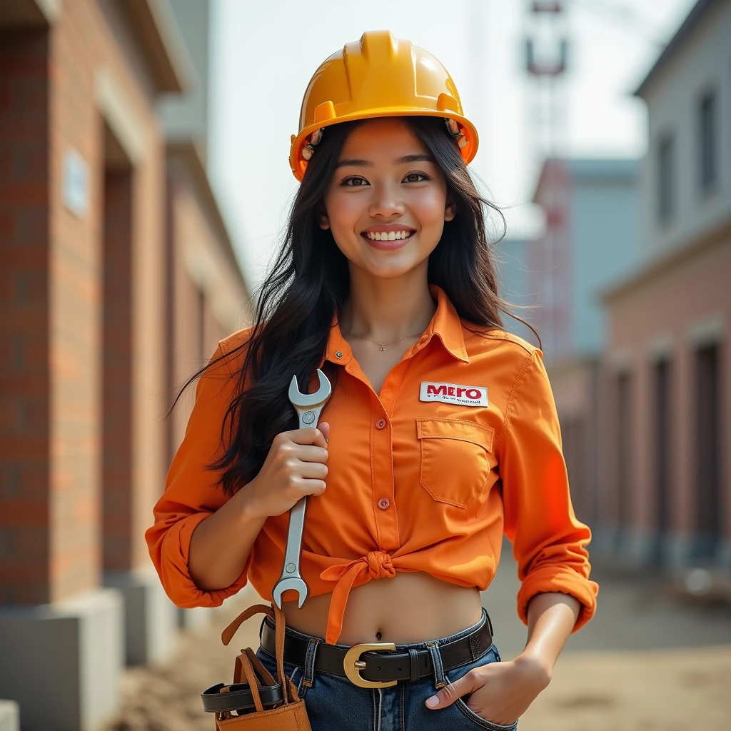 Create 1 18-year-old Asian women, wearing construction helmets, holding wrenches, with cute smiling faces. The image should be full-body, slightly revealing, youthful