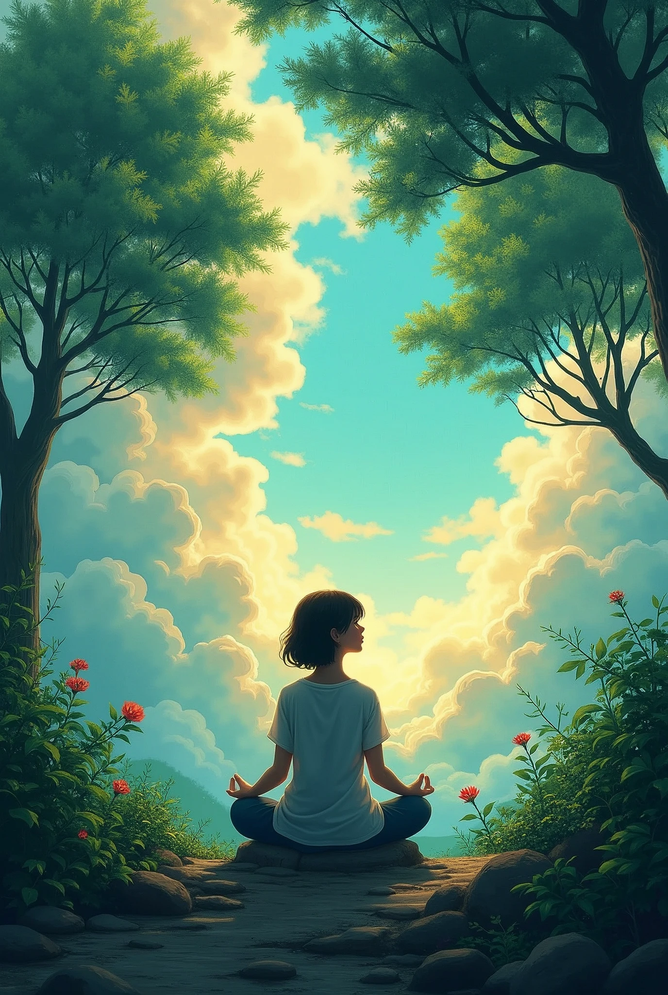 masterpiece, best quality,Dynamic airflow，Clouds，Sky，Sunlight，A person praying with eyes closed，Green plants，Ink painting brushstrokes, Studio Ghibli, lens flare, forest, Kodak, Film Grains, tonal movies, High Detail, Film Grain, Fuji Color, Ultra HD, Retina, masterpiece, Super Detail,