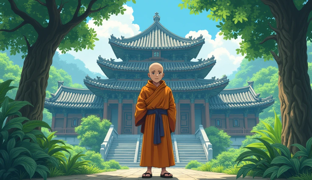 Young monk student standing, angry, thinking, surrounded by tree, temples, greenary, in anime style,