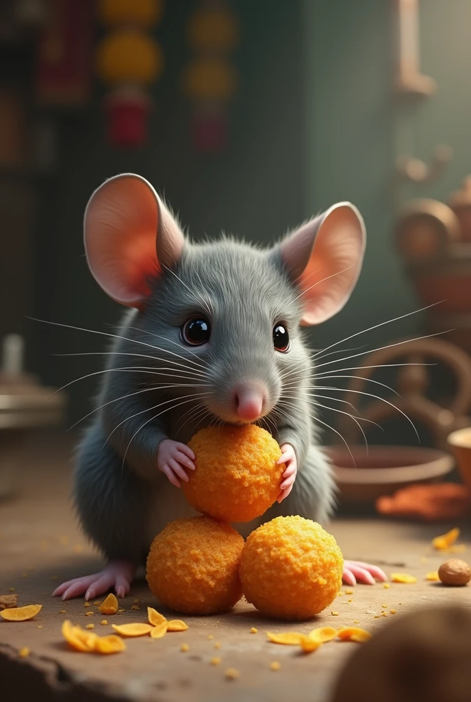 A rat eating laddu from backward
