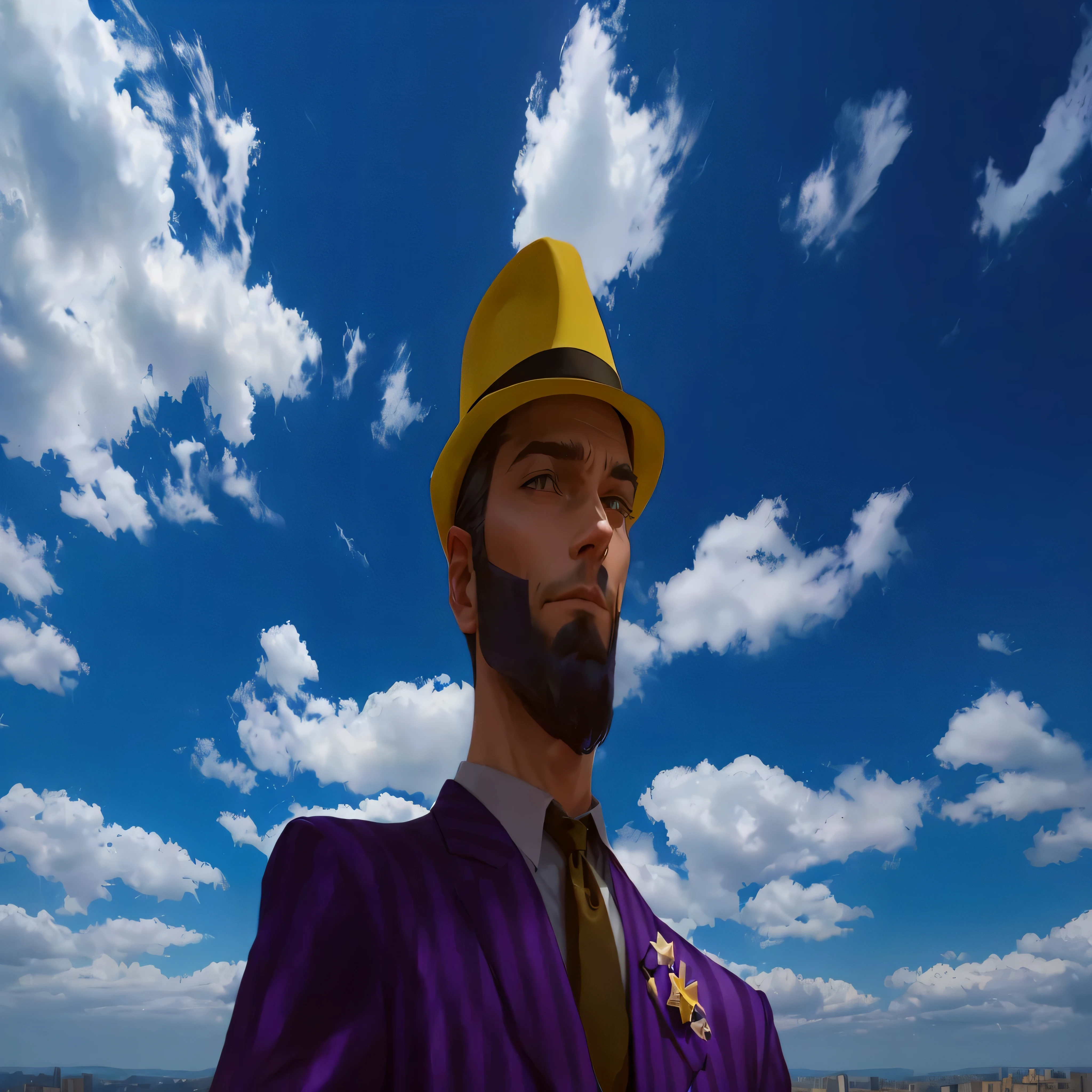 man in a purple suit and yellow hat standing in front of a blue sky, character with hat, noir detective and a fedora, guy wearing fancy purple suit, he is wearing a hat, dropping your fedora, high detail iconic character a close up of a man, powerful chin