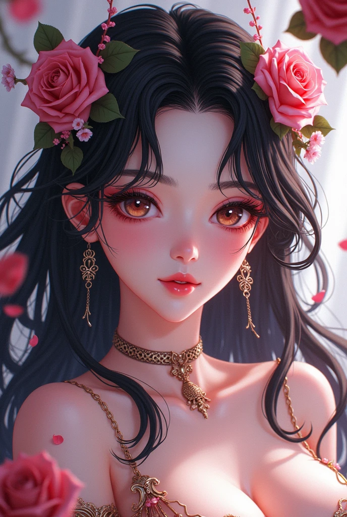 Highest quality, masterpiece, Very detailed,1 person, ((Rose)), (vine), cage, bandage, Red rope, (Detailed lighting), falling Rose petals, Boa Hancock, (no:1.5), (masterpiece:1.5), Detailed Photos, smile, sexy, (8k, Realistic, Highest quality: 1.4), (1 person), beautiful Face, (Realistic anime face), (Black Hair, Long Hair: 1.3), beautiful Hairstyle, Realistic eyes, ดวงตาที่มีรายละเอียดbeautifulงาม, (White skin), ผิวbeautiful, nonsense, Charm, 超High resolution, ultra Realistic, High resolution, Golden Ratio, (sexual excitement:1.5), Pinkish White skin, Cool white light, ท่าsexy, beautiful , White Background, Cool white lightสีชมพู, Wearing a white tank top.