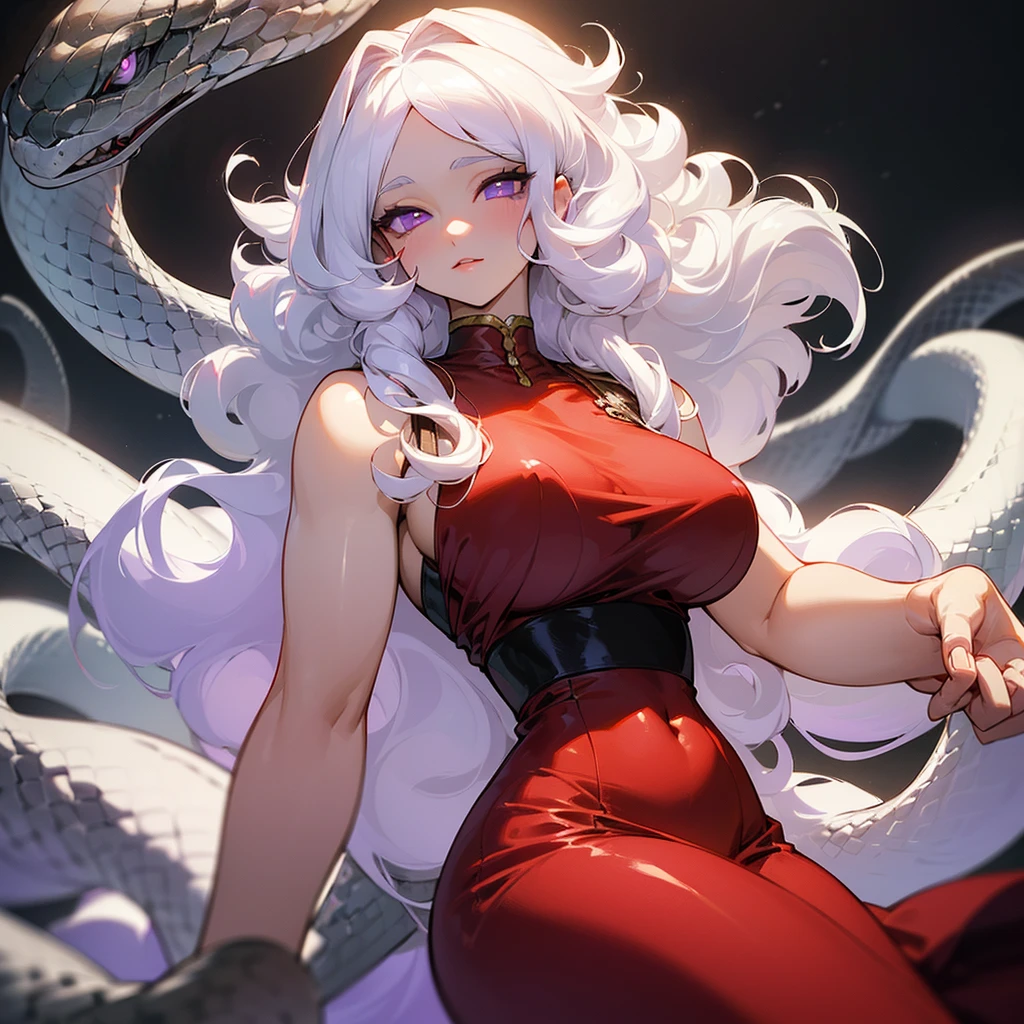 ((ultra quality)), ((masterpiece)), ((Angelic beauty woman)), ((long white curly hair)), ((White hair)), ((fluffy white hair)), ((curly hair)), (beautiful face), (beautiful thick lips), Enchanting ((Calm facial expression)), looks at the camera with a slight smile, (White skin color), (White skin), glow on the body, ((detailed eyes)), ((Next to a huge black snake)), ((violet eyes)), (juicy female lips), (dark eyeliner), (beautiful female hands), ((thick body)), ideal female body, ((Red dress)), beautiful waist, beautiful big hips, big breasts, thick thighs, ((threatening and beautiful)) (), ((depth of field)), ((high quality clear image)), (delete details), ((High detail)), ((clear focus))