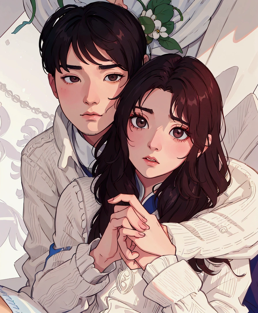 (best quality:0.8) perfect anime illustration, araffe and a woman sitting next to each other on a bed, lovely couple, couple pose, yanjun chengt, inspired by Zhang Han, jinyoung shin, sakimichan, kim doyoung, ruan jia and fenghua zhong, ulzzang, realistic. cheng yi, romantic lead, yan, 😭 🤧 💔