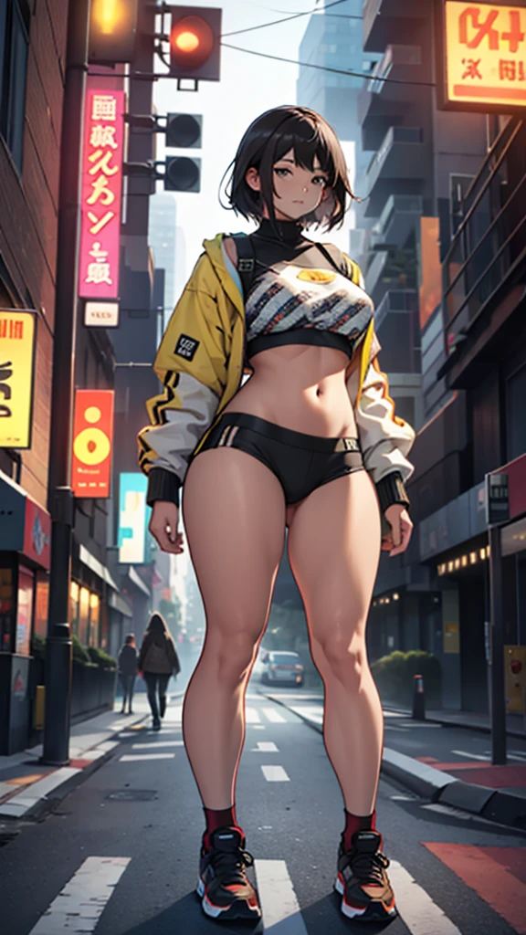 A young woman is standing on a near a traffic signal in the city. She is wearing printed underwear. She has big hips. It is evening.