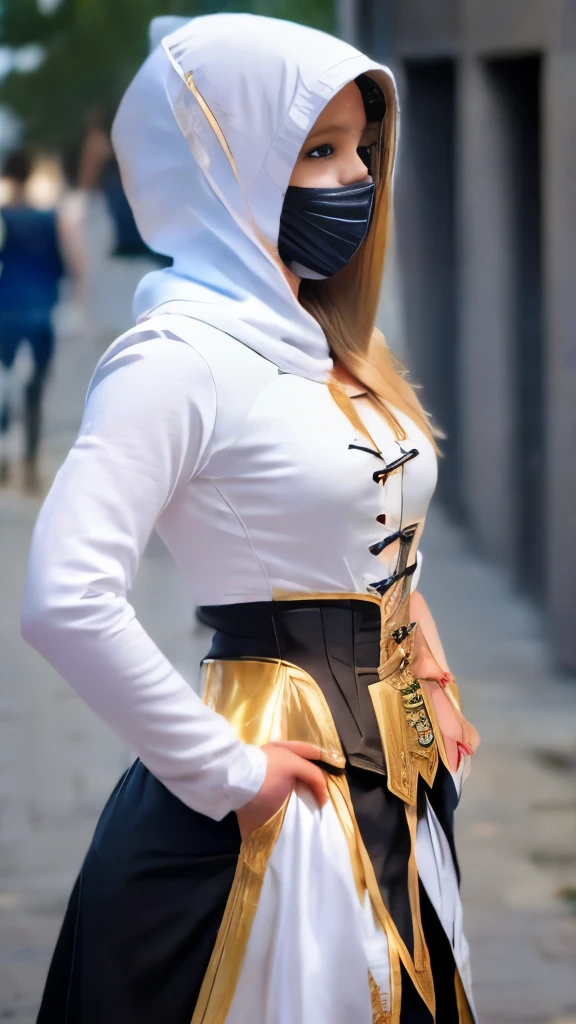 A full-body shot of Princess Zelda, brown hair, blue eyes, dressed as an Assassin from Assassins Creed, in white+gold witha white mask and hood with gold details, XL bust, using a wrist blade. Background: A city during the renaissance period. Unreal Engine 5, Anime, Anime style, Masterpiece, Well drawn eyes, well drawn face, well detailed eyes, well detailed face, 8k, light and shadow effect.  