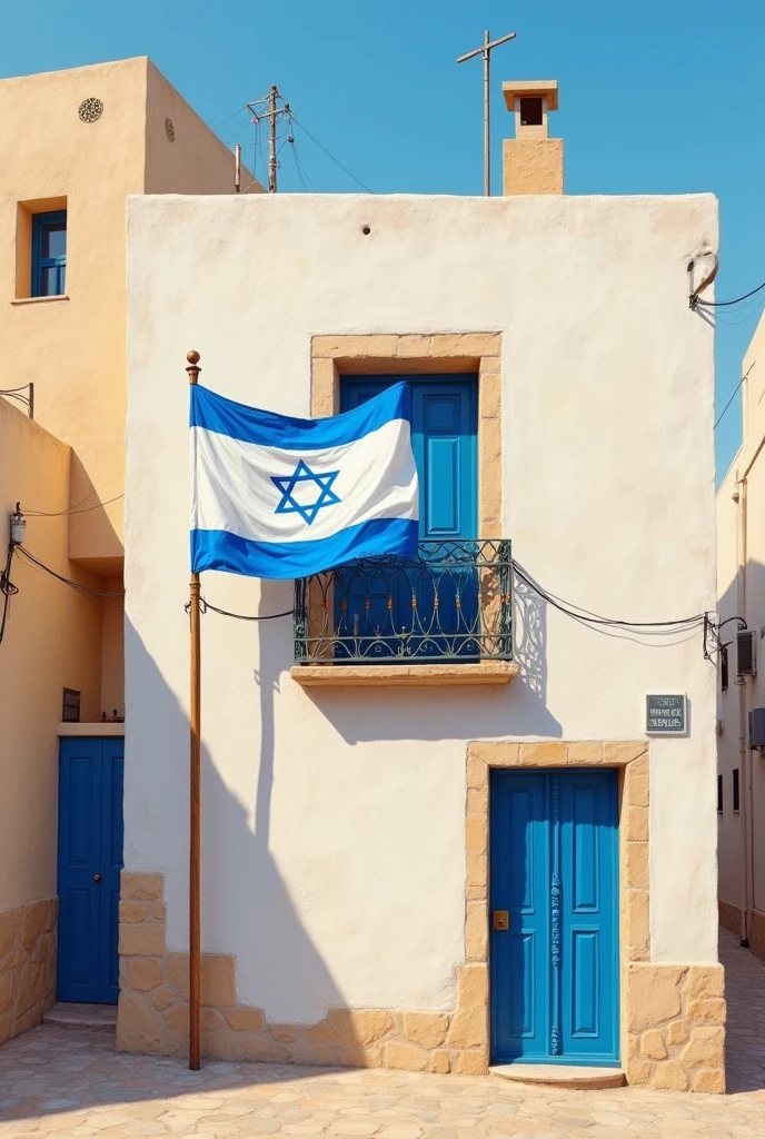 Painting of a white jerusalem brick whole ordinary building with Israel flag from a windows with a stick
