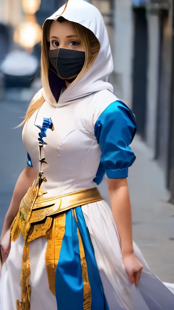 A full-body shot of Princess Zelda, brown hair, blue eyes, dressed as an Assassin from Assassins Creed, in white+gold witha white mask and hood with gold details, XL bust, using a wrist blade. Background: A city during the renaissance period. Unreal Engine 5, Anime, Anime style, Masterpiece, Well drawn eyes, well drawn face, well detailed eyes, well detailed face, 8k, light and shadow effect.