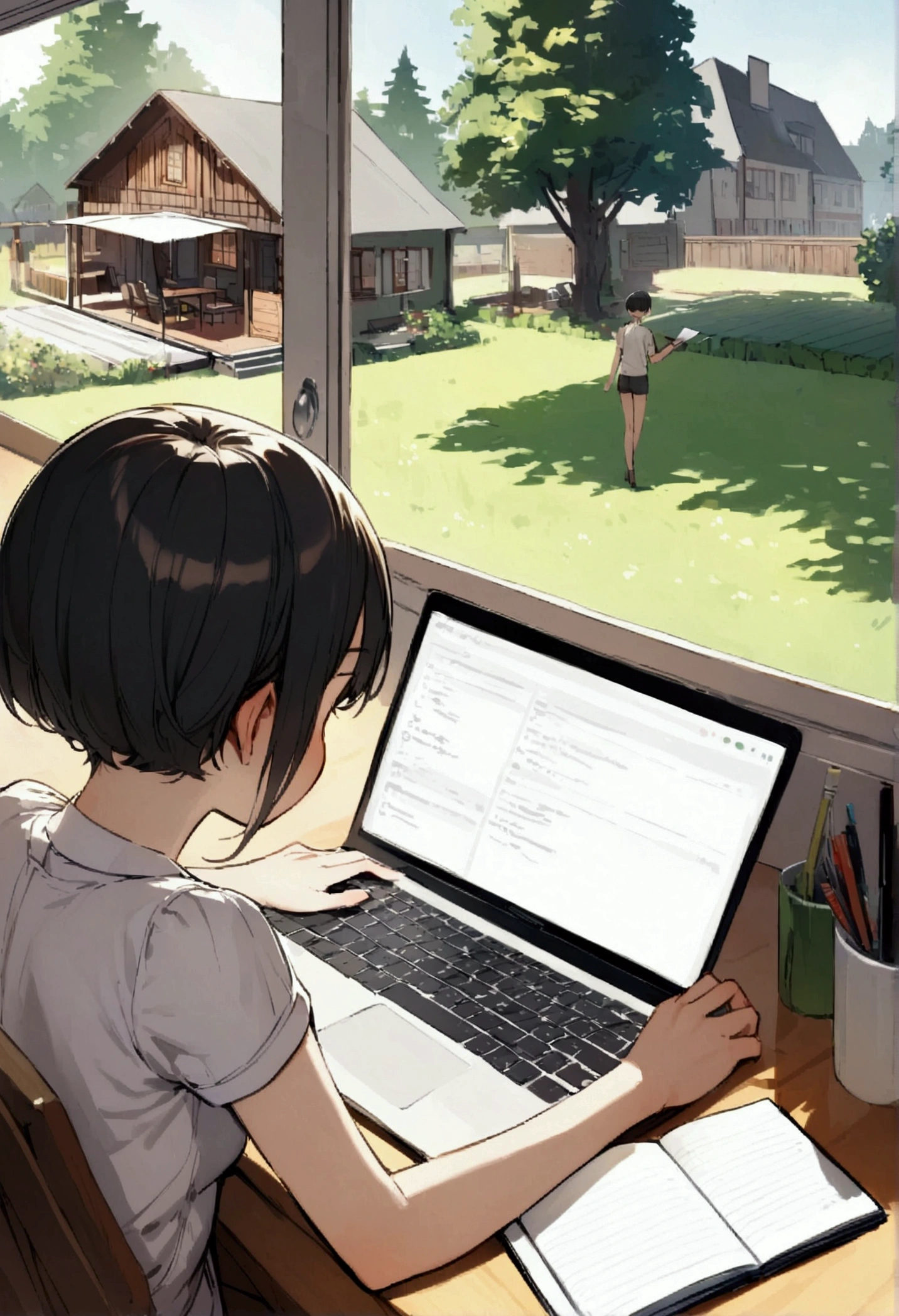 slender,a young girl,pixie cut,black hair,enjoy,working on laptop,house setting,notebook
