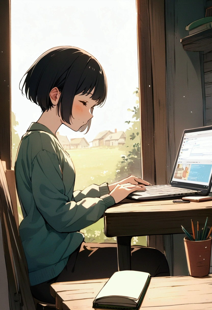 slender,a young girl,pixie cut,black hair,enjoy,working on laptop,house setting,notebook