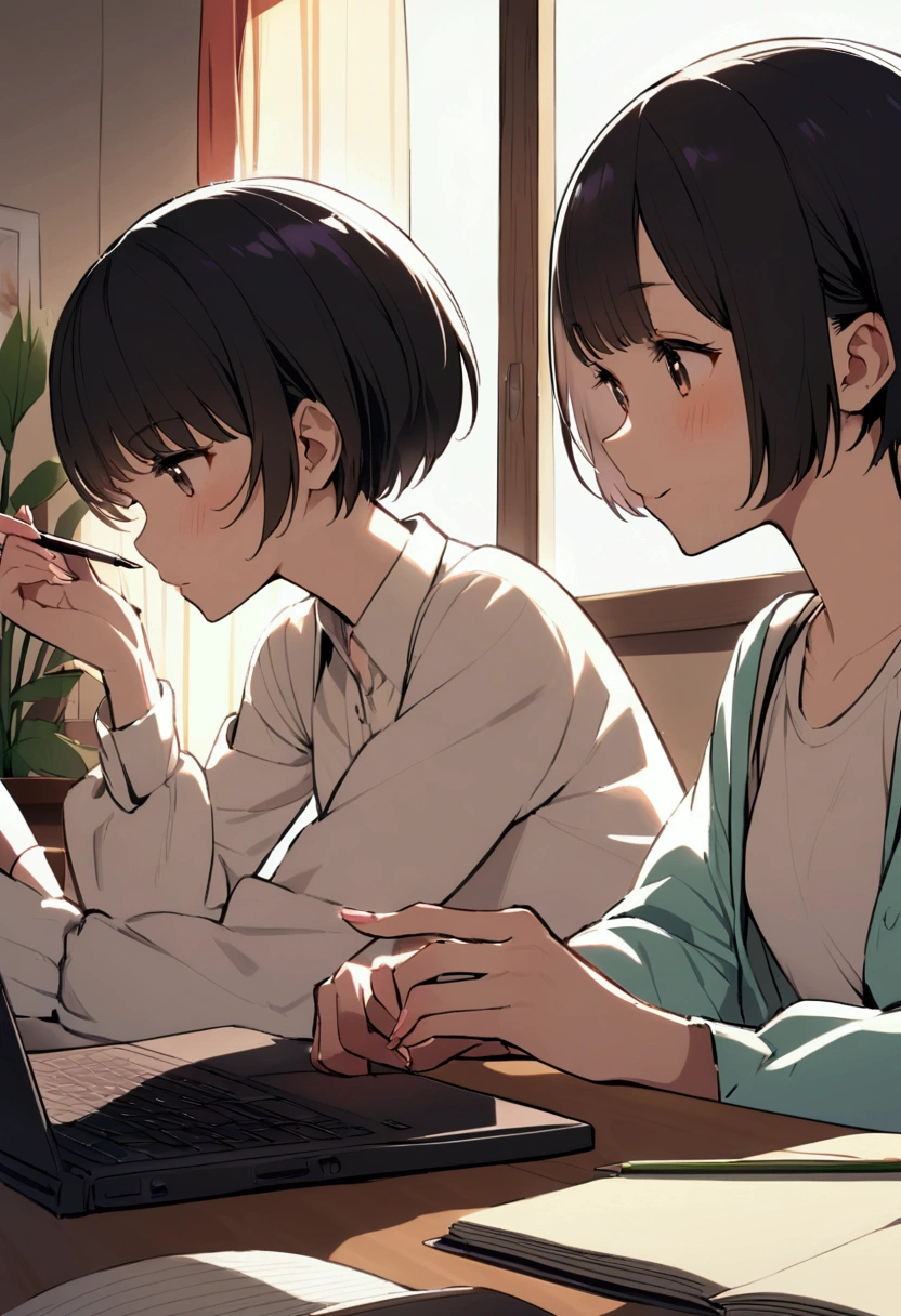 slender,a young girl,pixie cut,black hair,enjoy,working on laptop,house setting,notebook