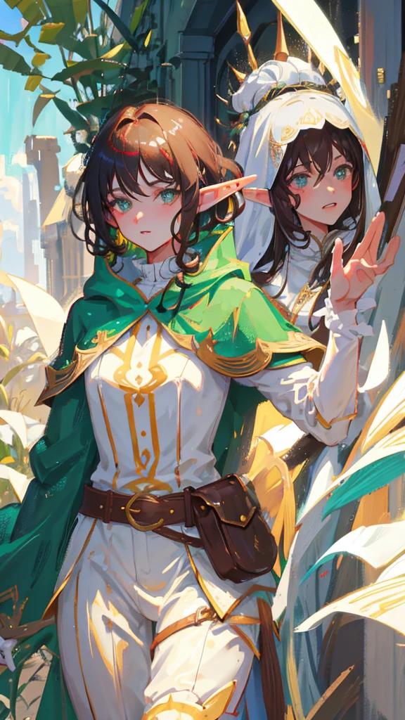 Elf, silver hair, medium hair, medium cut, brunette, curly hair, green eyes, slim, fair skin, white dress, green cloak, fingerless gloves, brown pants, belt, A cute boy. She has a sexy facial expression, her face is red, her lips are parted, the look in her eyes is sharp. THE ON MAN, THE ANOTHER ONE NO