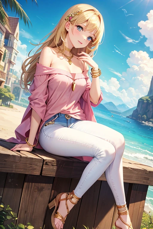 Highest quality, masterpiece, Adult women,8 heads，Blonde，No damage，Skinny Jeans，Pink off-shoulder，Heeled Sandals，In town，Naughty face, Golden Necklace、bracelet，Less exposure，Do not create a valley