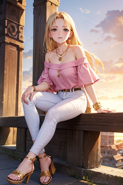 Highest quality, masterpiece, Adult women,8 heads,Blonde,No damage,Skinny Jeans,Pink off-shoulder,Heeled Sandals,In town,Naughty face, Golden Necklace、bracelet,Less exposure,Do not create a valley