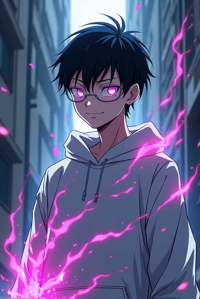 Create me an oc character from jujusu kaisen that has black hair, would have the same sweatshirt as Gojo Satoru and have white glasses and have bright eyes and that displays cursed energy from his body surrounding it in dark color