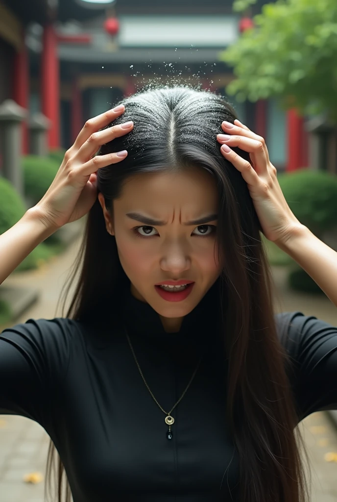 Create an Asian long-haired beauty,High-necked black printed short-sleeved traditional qipao,Scratching the scalp with both hands,There is a lot of dandruff on the top of the head,White fine dandruff on the top of the head,Fierce and unhappy expression,The characters are realistic and realistic,Antique garden background,9:16 frames,Ultra-high-definition picture quality